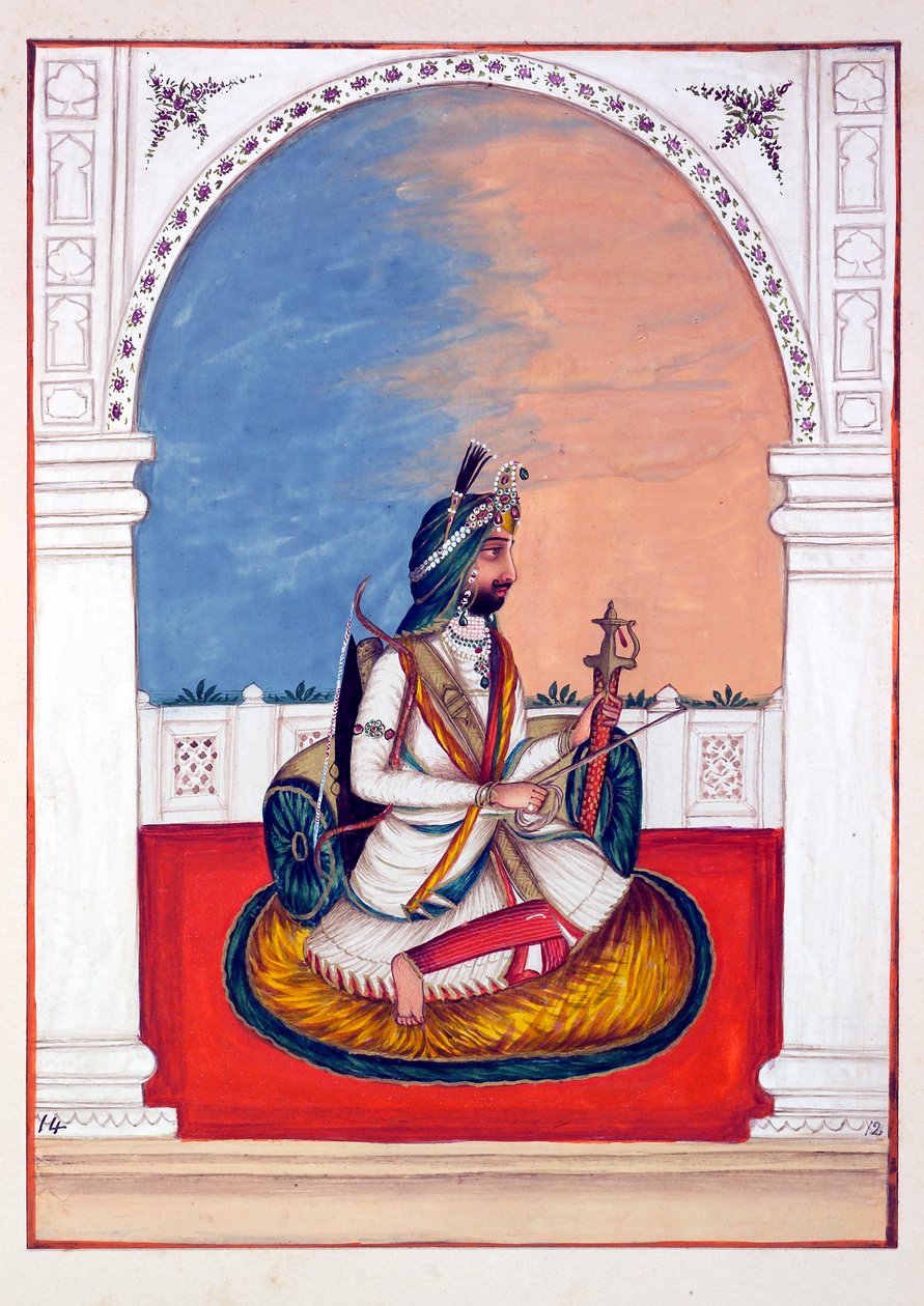 Rajah Hira Singh, z Království Paňdžáb, jeho vládci a náčelníci, svazek I, svazek 27 akvarelových studií od neidentifikovaného indického umělce, c. 1840 (wc na papíře) od Indian School