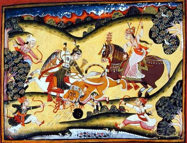 Rajput Princesses Killing a Lion, Bundi School, c.1810-20 (kvaš na papíře) od Indian School
