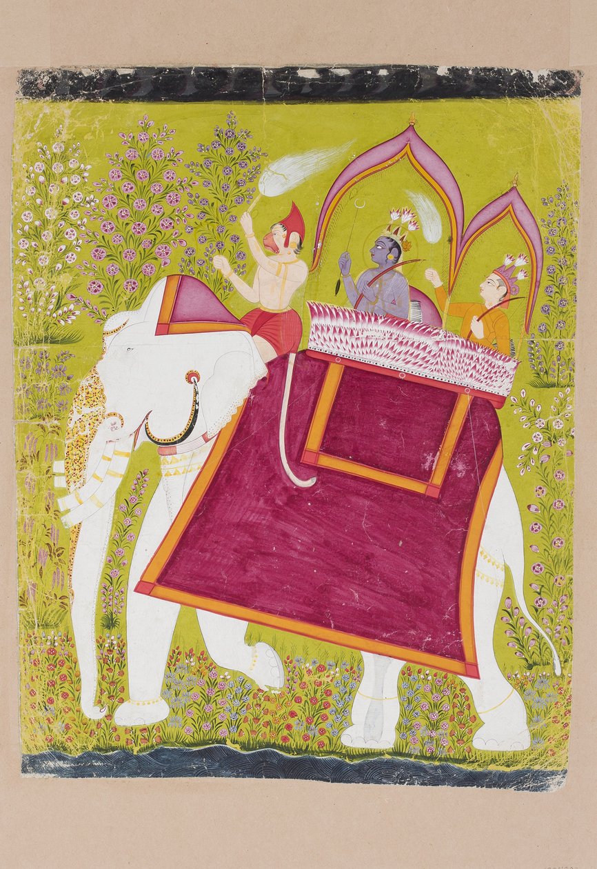 Ráma a Lakšman v Howdah bílého slona s Hanumanem jako mahout, konec 18. století (neprůhledné wc na papíře) od Indian School