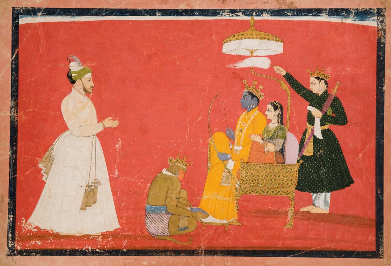 Rama and Sita Enthroned, cca 1750 (neprůhledné wc a zlato na papíře) od Indian School