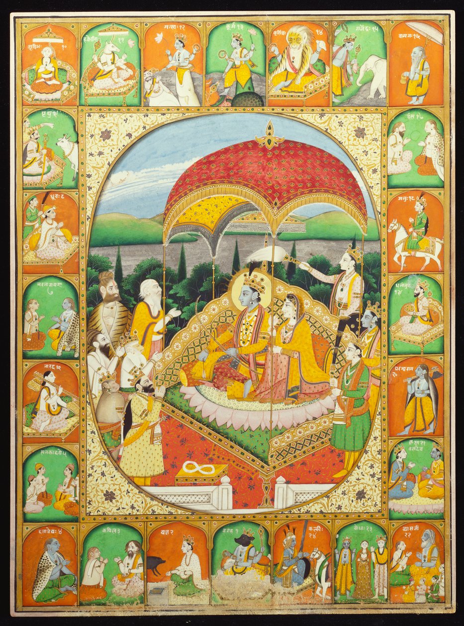 Ráma a Síta na trůn, uctíván Šivou, Hanumánem a dalšími, 1800-20 od Indian School