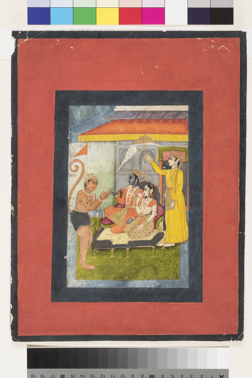 Ráma a Síta na trůnu, zbožňovaní Hanumánem; Lakshmana drží morchal, cca 1780 (neprůhledné wc a zlato na papíře) od Indian School