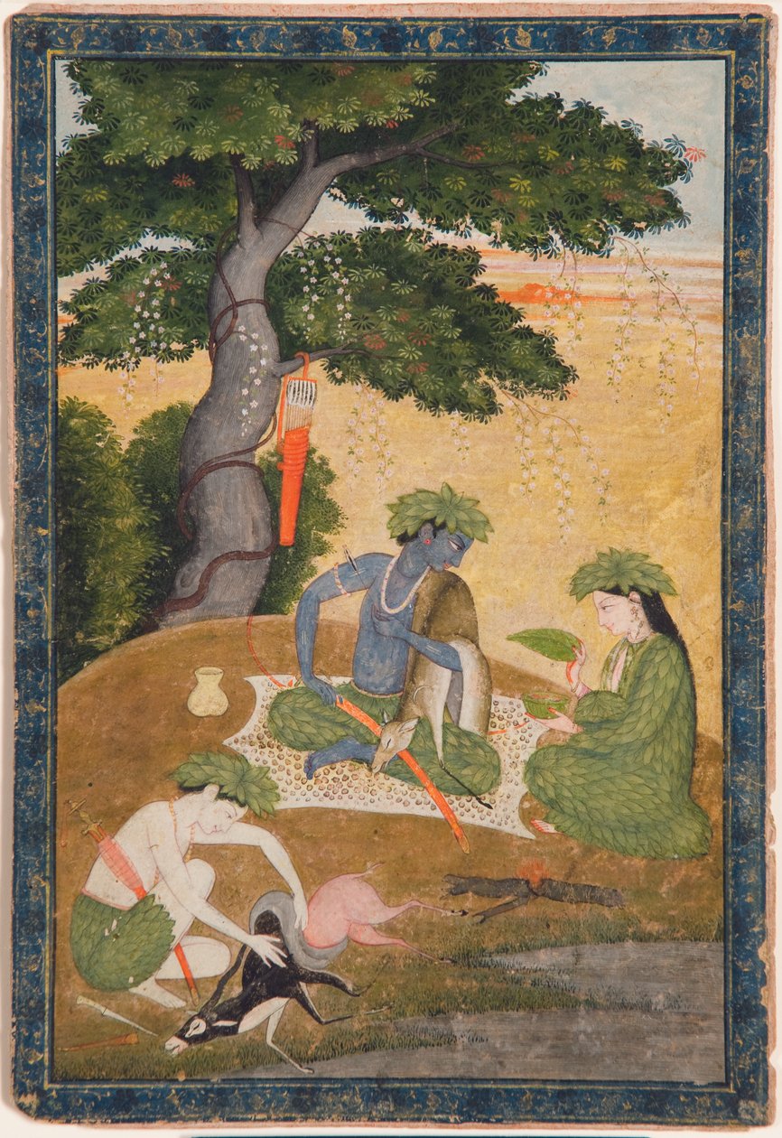 Ráma se Sítou a Lakšmanou v lese, z Rámájany, kolem roku 1790 (neprůhledné wc a zlato na papíře) od Indian School