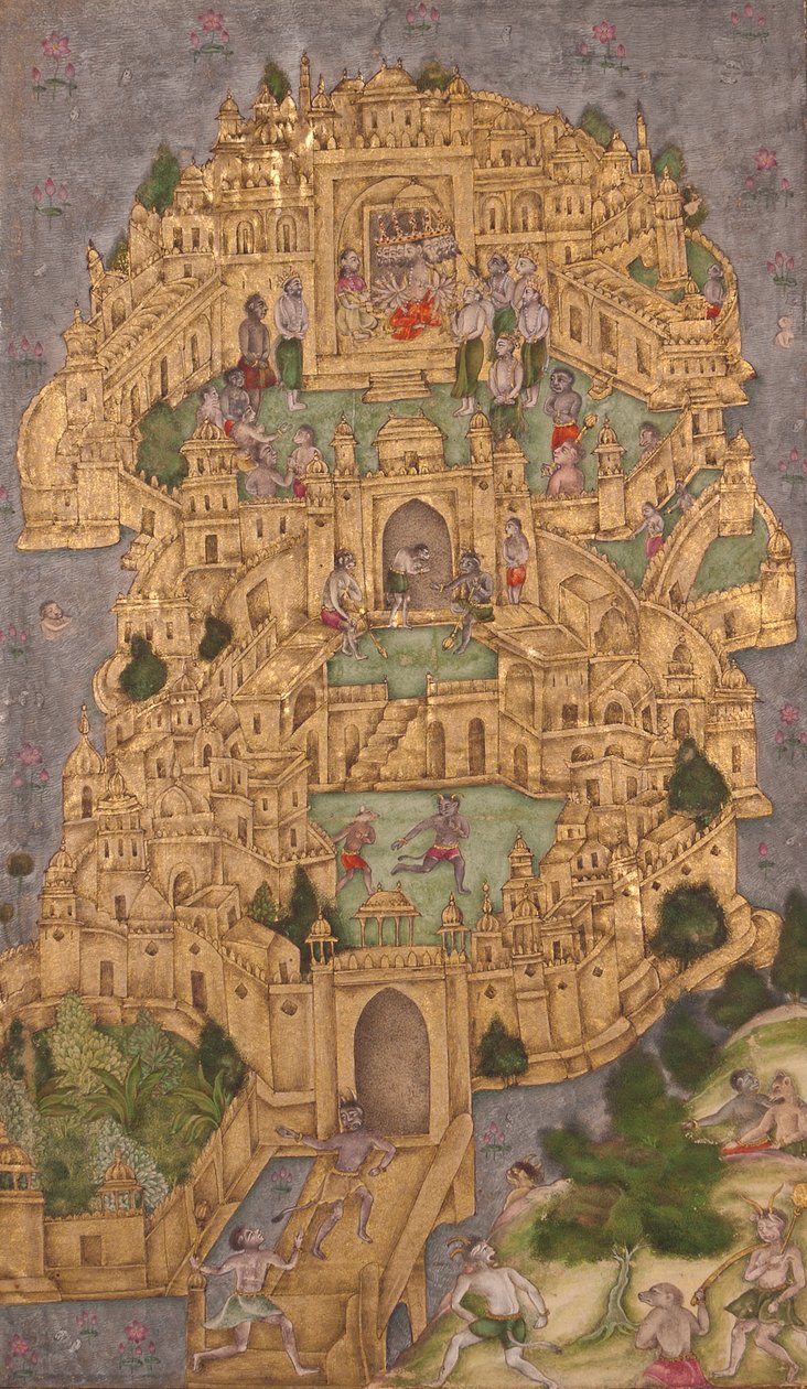 Zlatá citadela Ravanas na Lance, kolem roku 1610 (neprůhledné wc a zlato na papíře) od Indian School