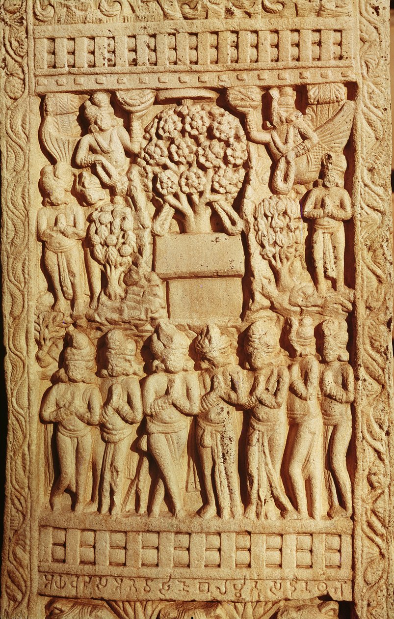 Reliéf zobrazující uctívání Buddhy reprezentované stromem, pozdní období Mauryan, dynastie Sunga (180-72 př.nl) od Indian School