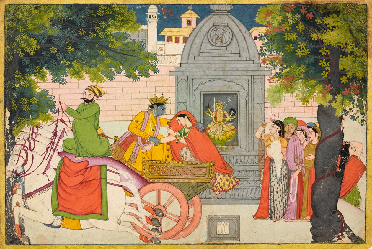 Rukmini uprchne s Krišnou, folio z Bhágavata Purány, kolem roku 1780 od Indian School