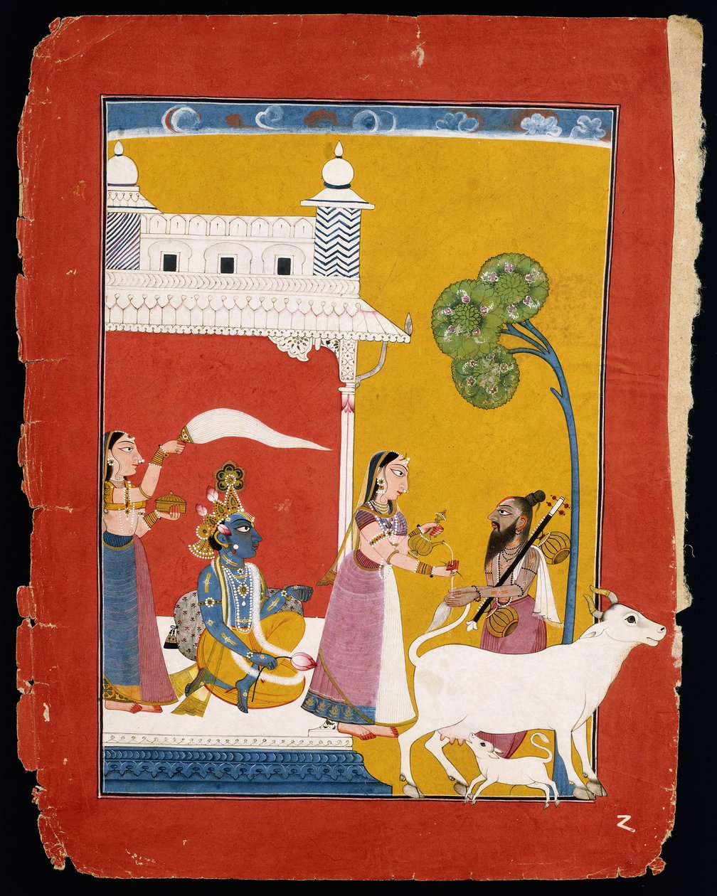 Rukmini nabízí vodu mudrci Náradovi, zatímco její choť Krišna sedí v jejím domě, kolem 1725-1730 od Indian School