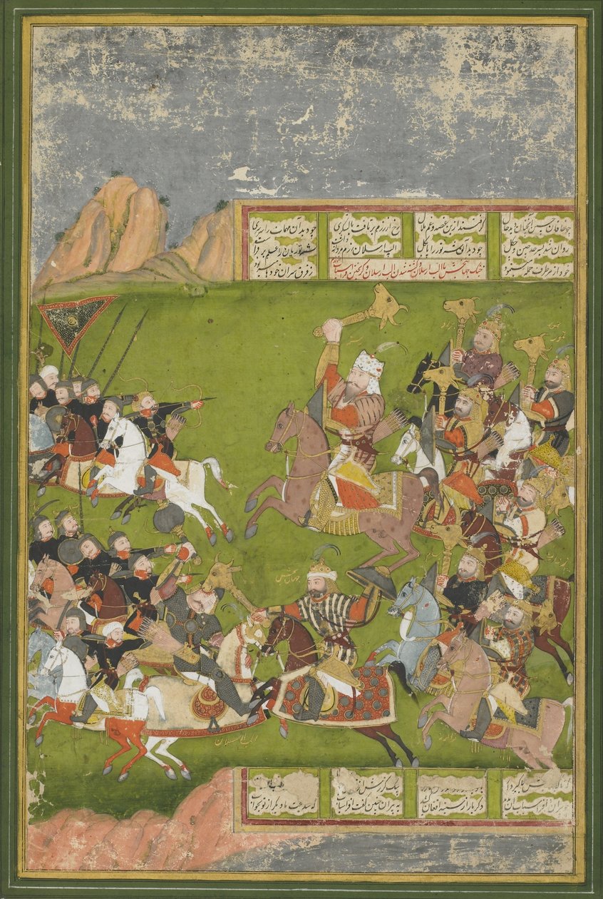 Rustam poráží Afrasiyaba, ze šahnámy, dynastie Mughalů (neprůhledná čb a zlato na papíře) od Indian School