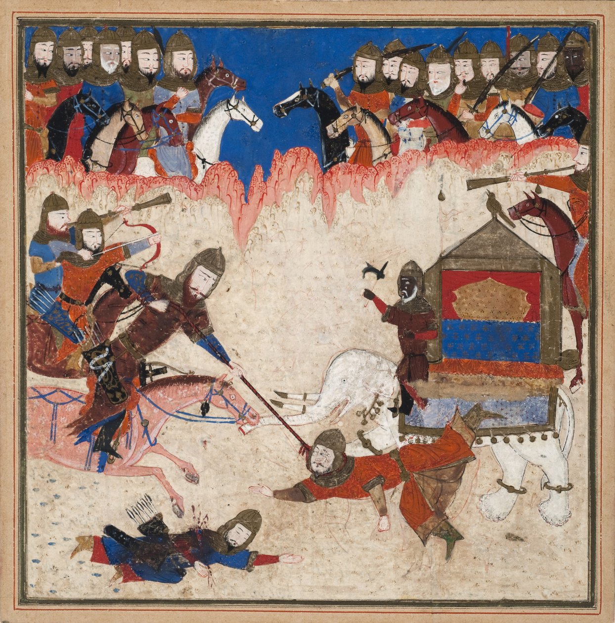 Rustam lassuje Khaqana z Číny a vytahuje ho z jeho slona, kolem roku 1450 (neprůhledné wc a zlato na papíře) od Indian School