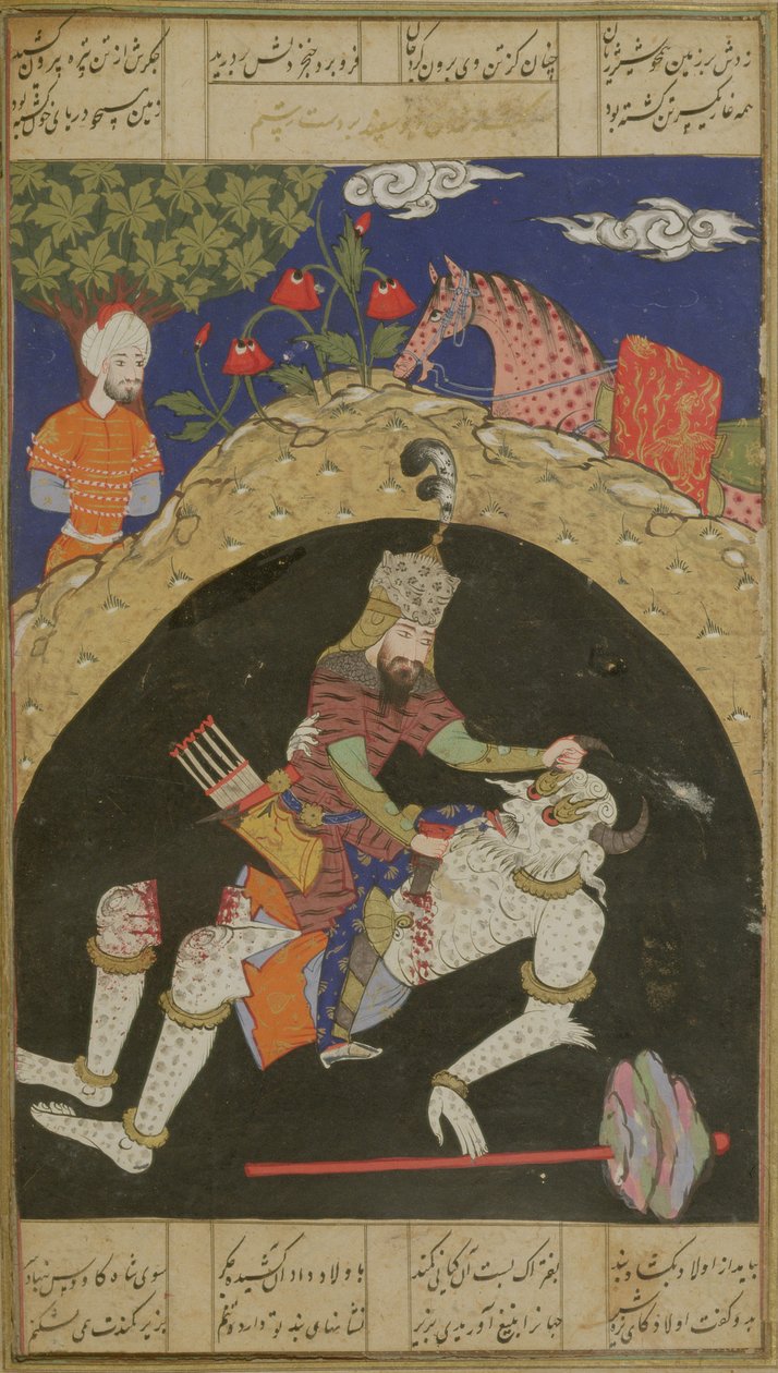 Rustam zabíjí bílého diva z Mazandaranu, ilustrace z Shahnamy (Knihy králů), od Abul-Qasima Manura Firdawsiho (asi 934-c.1020), z oblasti Deccan, 1590 od Indian School