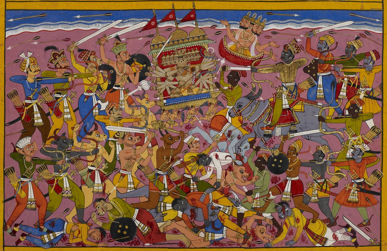 Rávana bojuje s Jamou, ale Brahmá zasáhne, aby ho ochránil. od Indian School