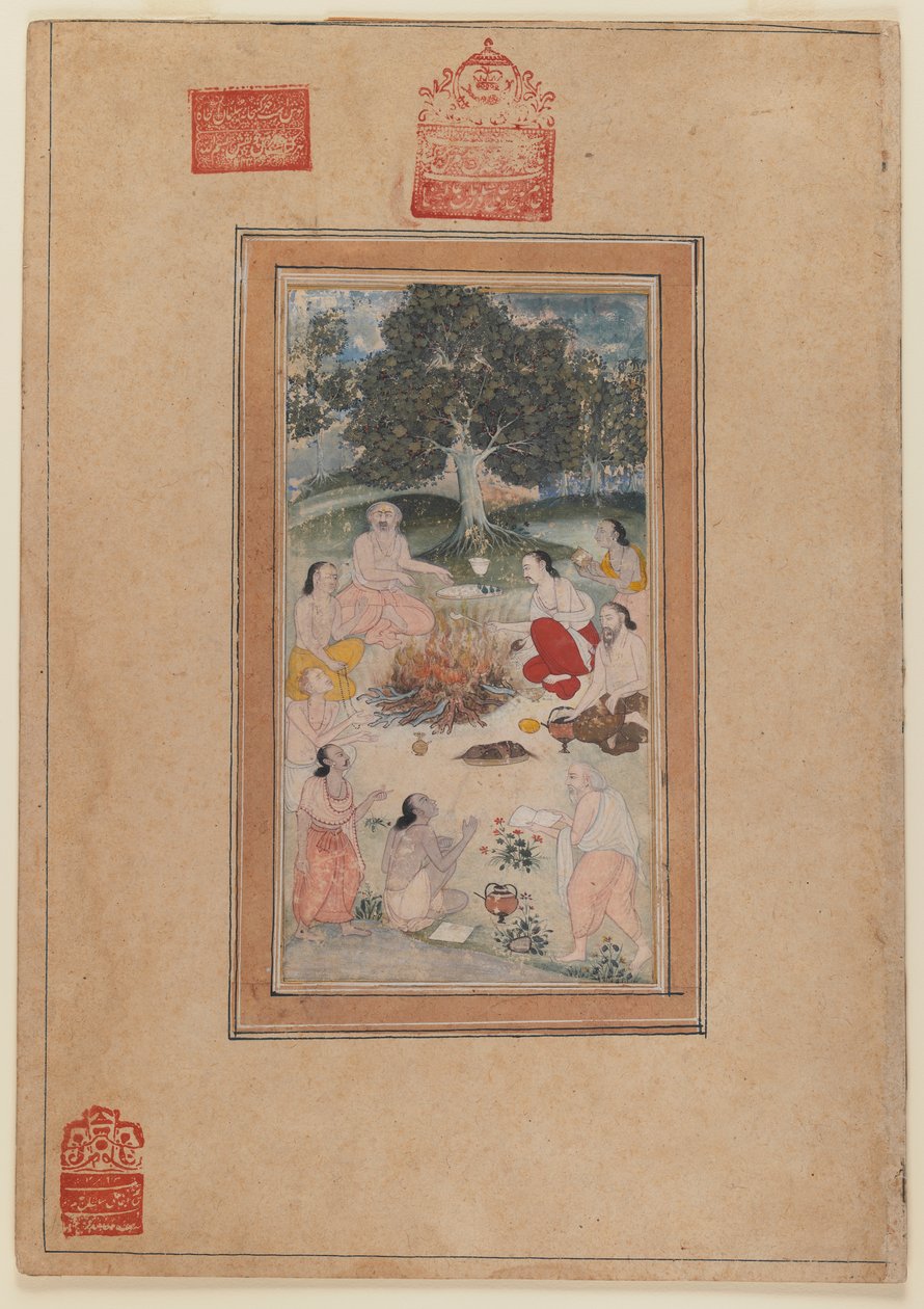 Sadhuové se shromáždili u ohně, cca 1600 (wc na papíře) od Indian School
