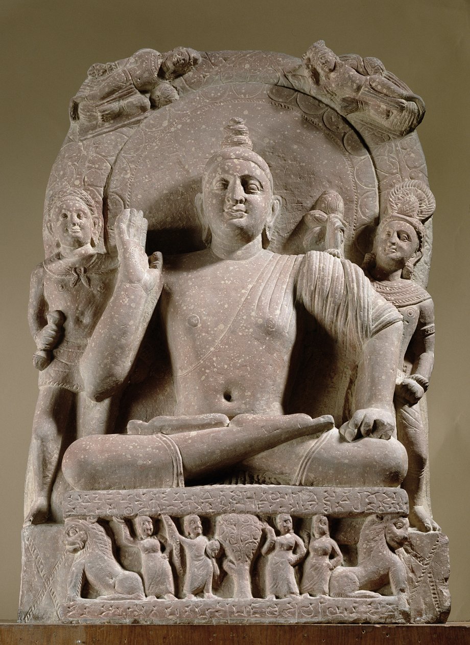 Sedící bódhisattva, Mathura (červený pískovec) od Indian School