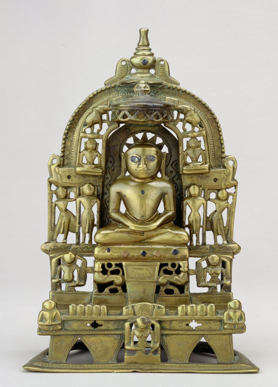 Sedící obraz Jain Tirthankara Kuntanatha, Vasantagarh, jižní Rádžasthán, 1476 (mosaz s měděnými a stříbrnými vložkami) od Indian School