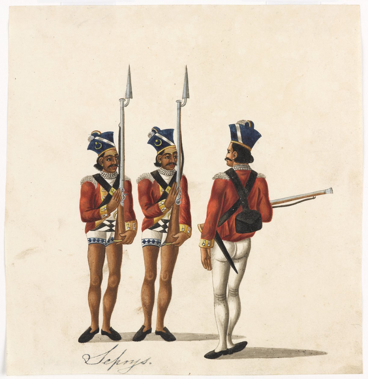 Sepoys a indický důstojník, Bengálská armáda, kolem roku 1815 (akvarel na papíře) od Indian School