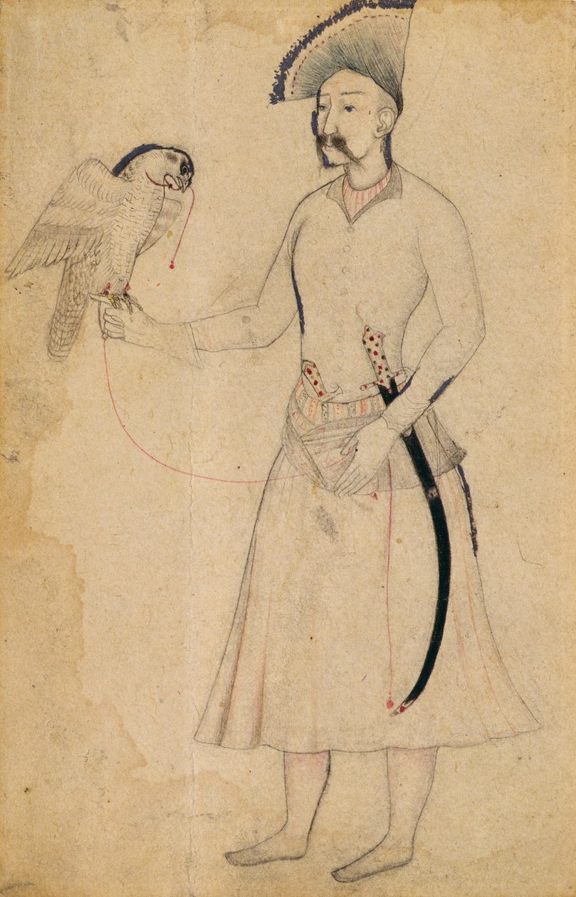 Šáh Abbás I. z Persie (1588-1629) držící sokola, podle originálu z počátku 17. století, Mughal, počátek 19. století (kresba štětcem na papíře) od Indian School