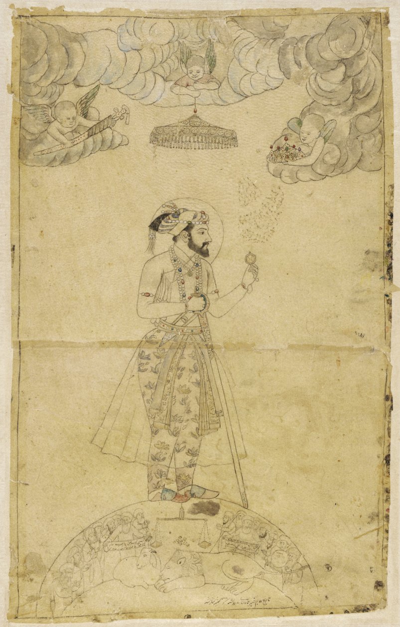 Shah Jahan stojící na zeměkouli (zlato a barva na papíře) od Indian School
