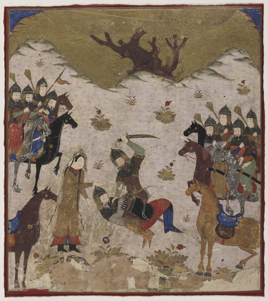 Shahru identifikuje Burzu jako Rustamova vnuka během poslední bitvy mezi Rustamem a Burzuem, kolem 1425-50 (neprůhledný akvarel a zlato na papíře od Indian School