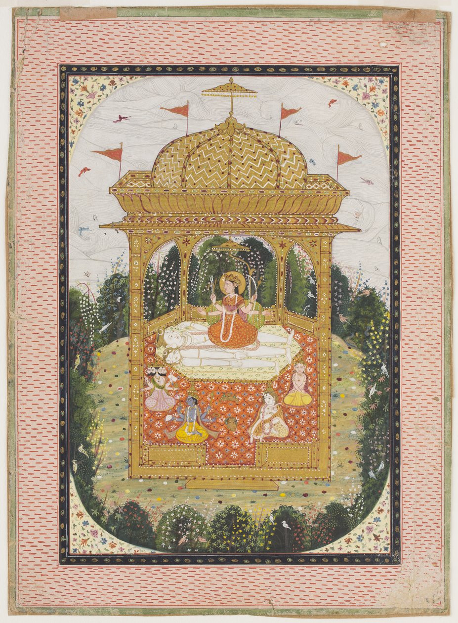 Šakti se Šivou a jinými bohy v chrámu, kolem roku 1780 (kvaš a zlacené na papíře) od Indian School