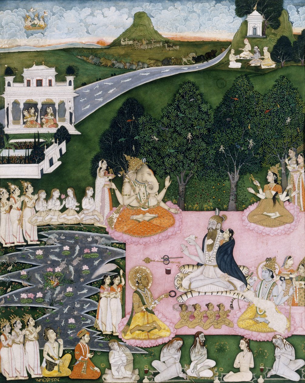 Shiva sedí na tygří kůži, drží Devi zabalenou v plášti, kolem roku 1760 od Indian School