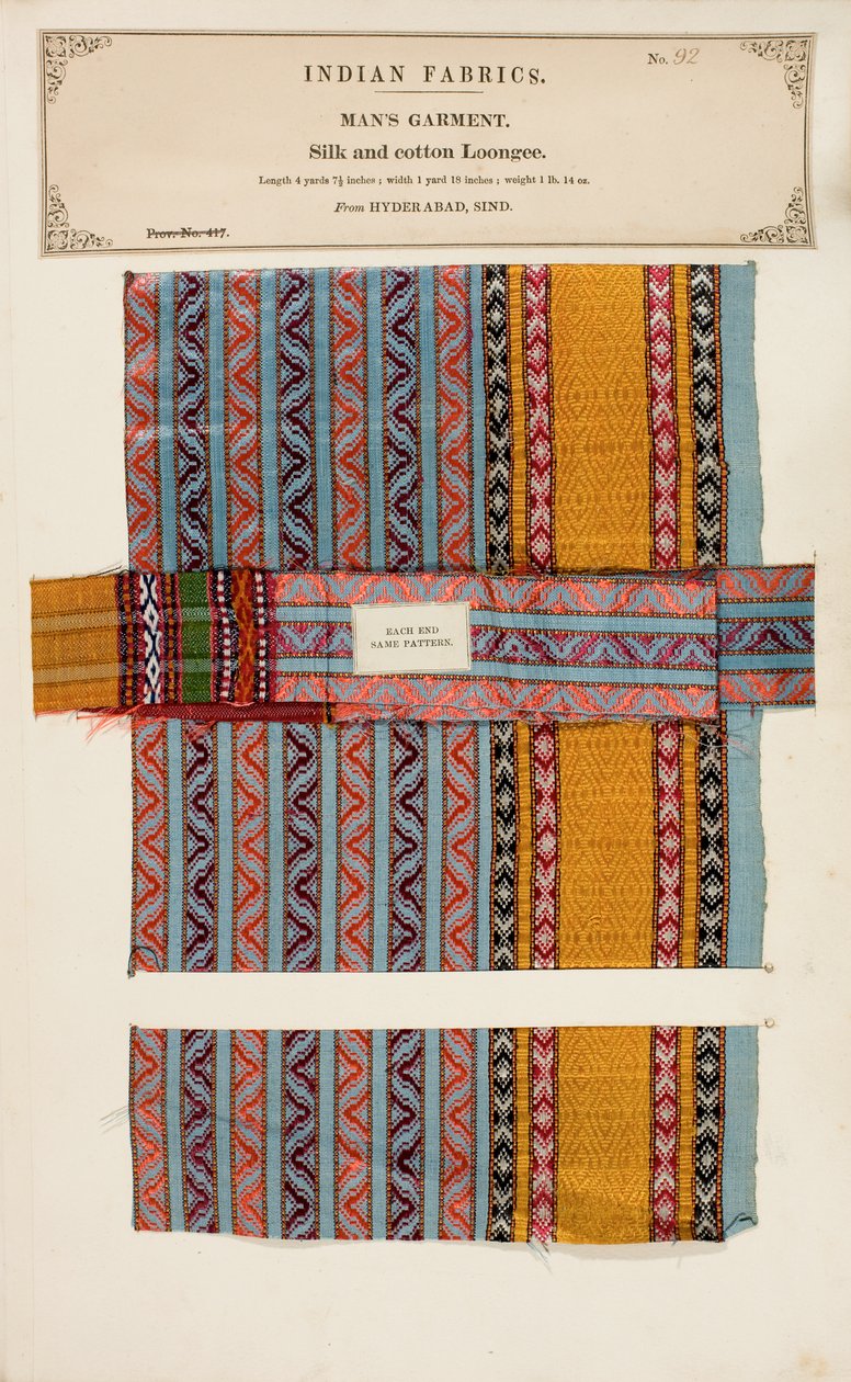 Vzorek hedvábí a bavlny Loongee z Hajdarábádu v Sind, ze sbírky The Collection of the Textile Manufacturers of India od Johna Forbese Watsona, vydané v roce 1866. od Indian School