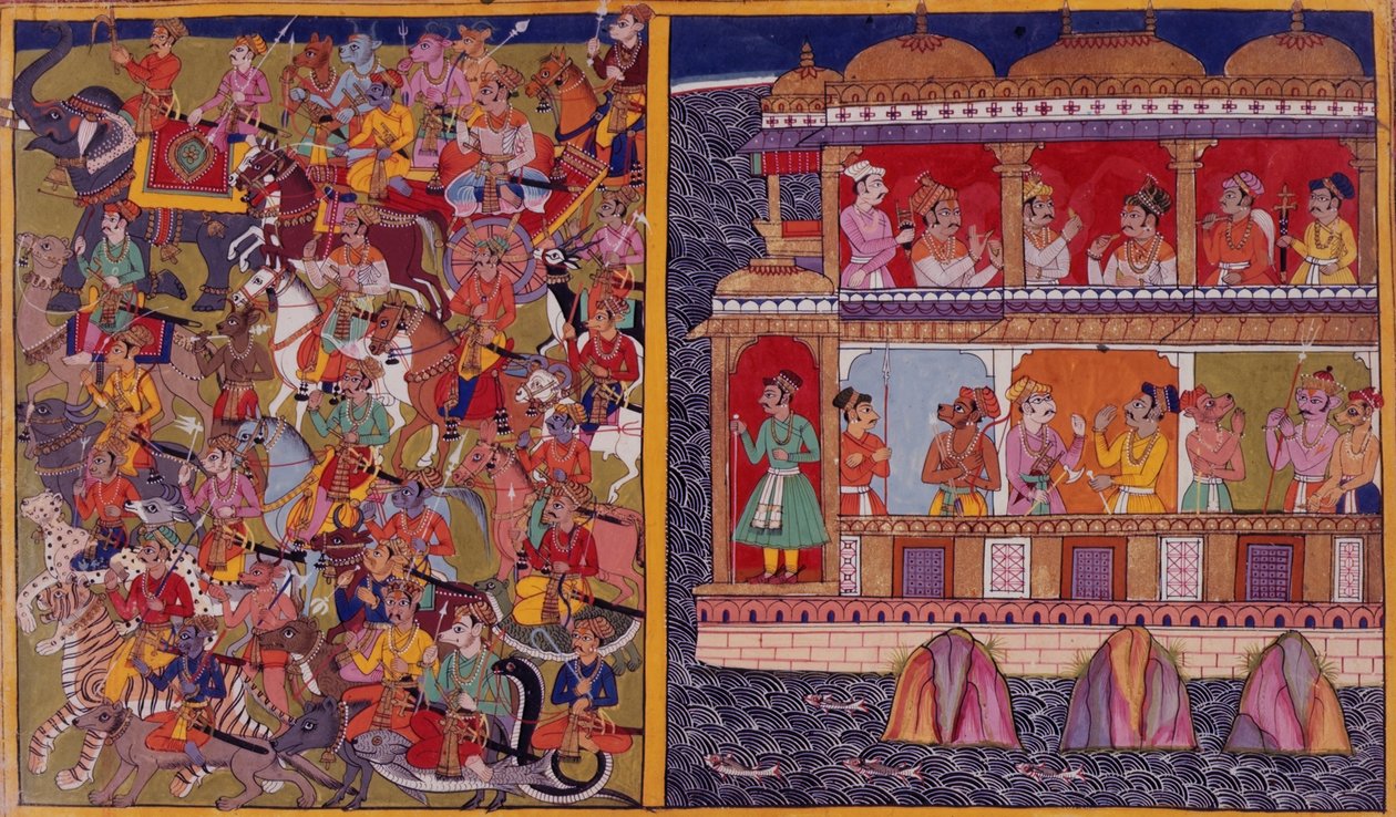 Sukešovi synové se připravují na bitvu, z ‚Ramayana, Uttara Kanda‘ 1653 (vellum) od Indian School