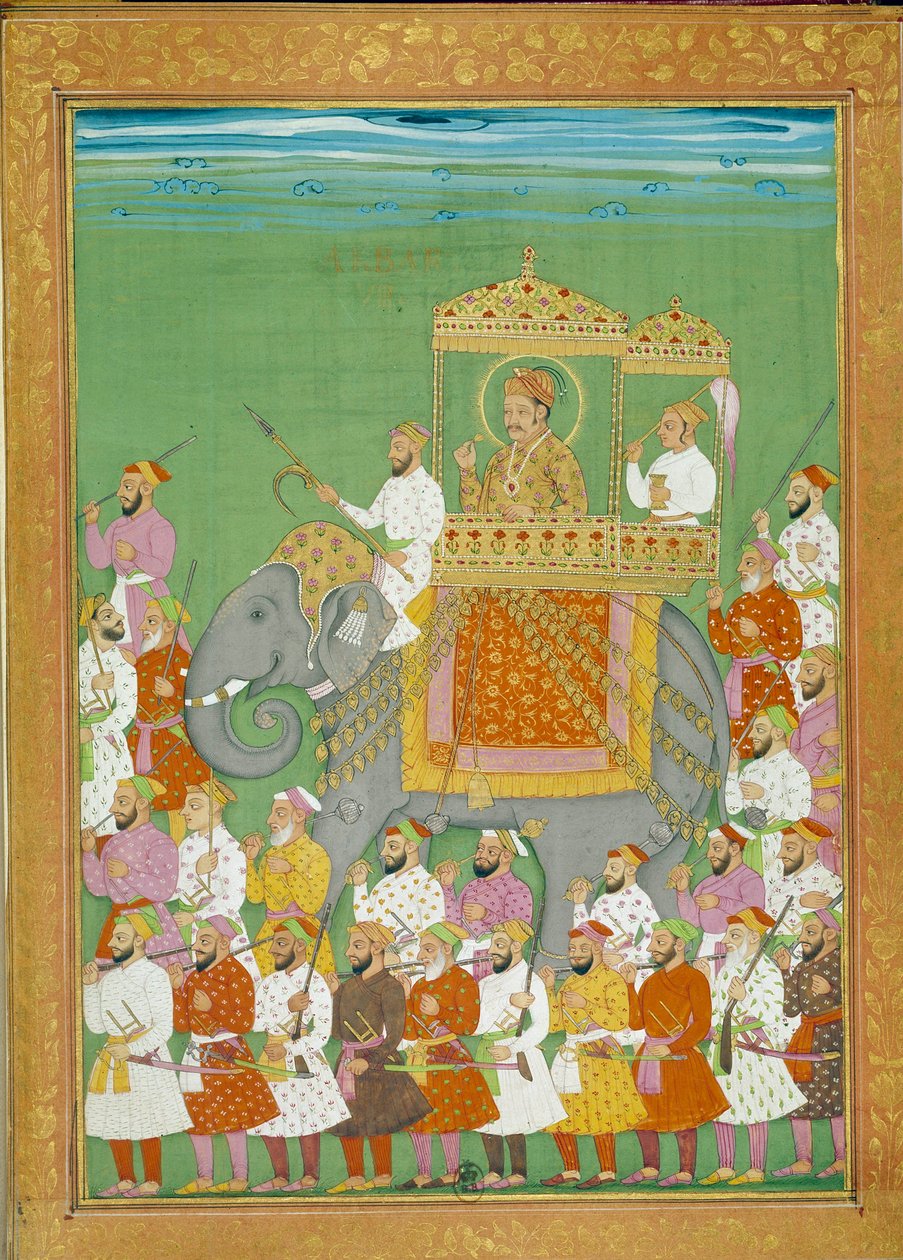 Sultan Akbar jezdí na slonovi se dvorem Shah Alem. Miniatura z cestovního příběhu Niccolo Manucciho (1638 - 1717), benátského cestovatele. Indie od Indian School