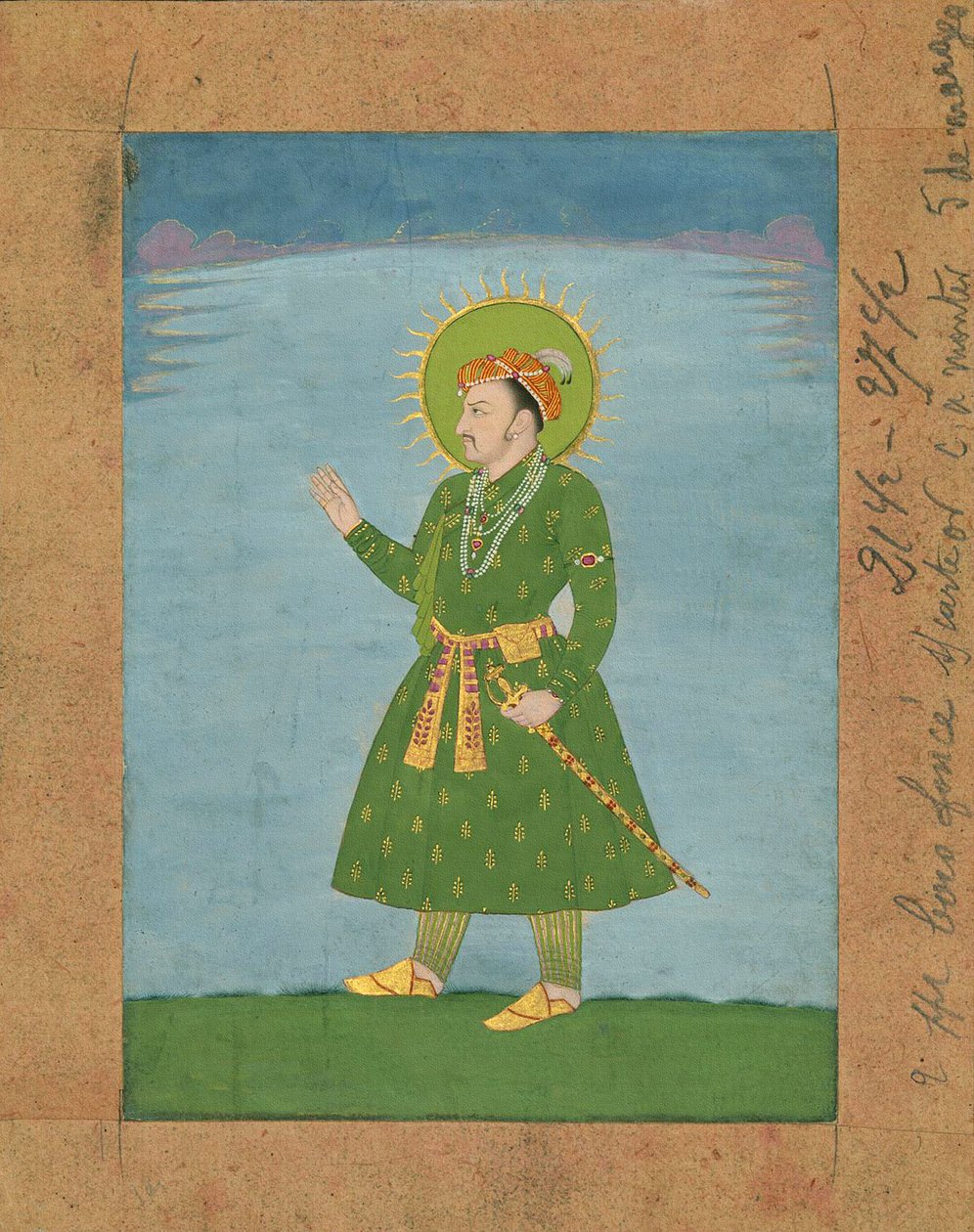4. Mughalský císař Jahangir (r. 1605-1627), c. miniaturní malba z počátku 17. století (tuší a pigmenty na hnědém papíře) od Indian School