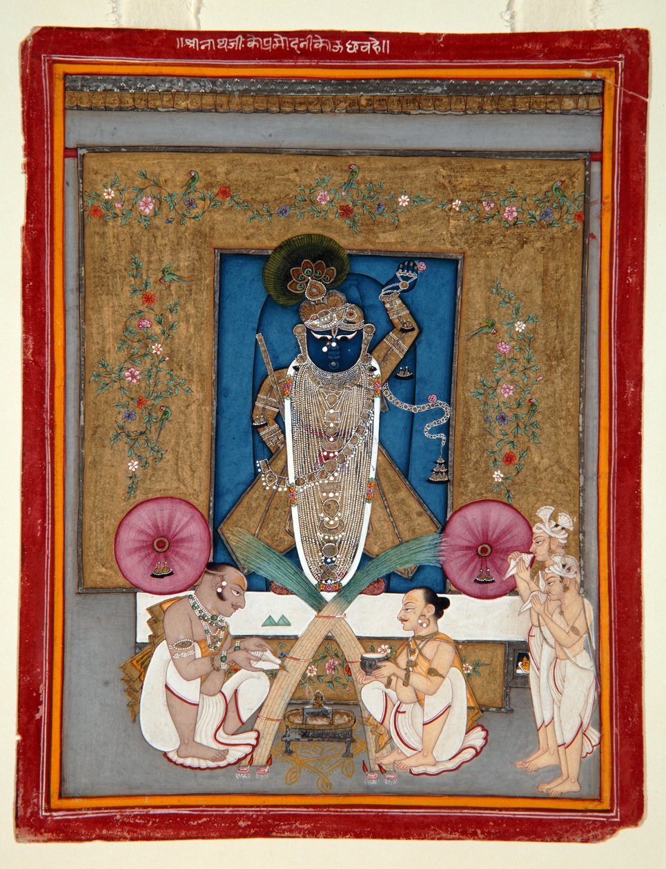 Adoration of Krishna as Shrinath ji, 1800-25 (neprůhledné wc a zlato na papíře) od Indian School