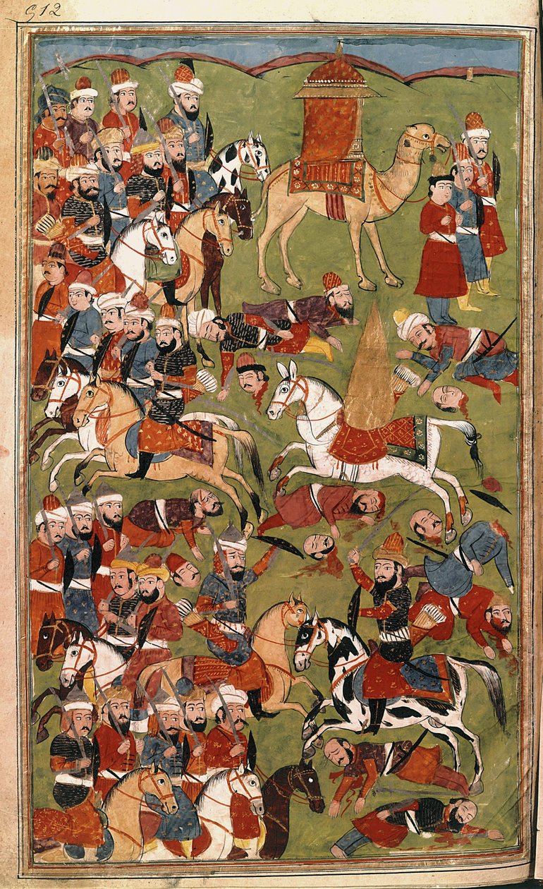 Vojsko Aichy v bitvě u Džamálu v roce 656, ilustrace z knihy "Hamla-i-Haydari", autor Mirza Muhammad Rafi