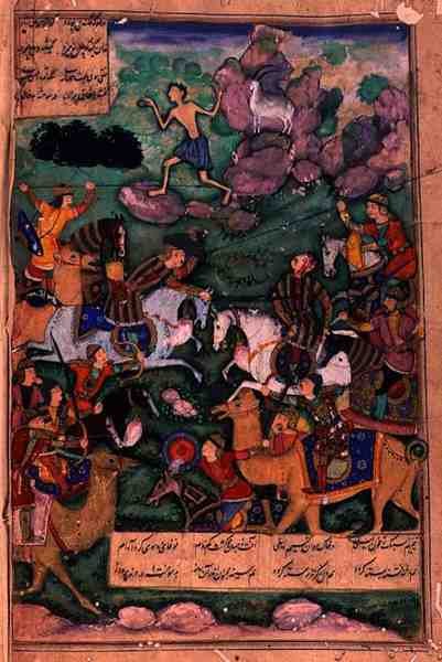 Bitva klanů, folio 15b z básně Layla a Majnun, kterou napsal Amir Khusrau Dihlavi (1253-1325) na základě příběhu z Khamsa (kvintetu) od Nizamiho, Mughal, 1600 od Indian School