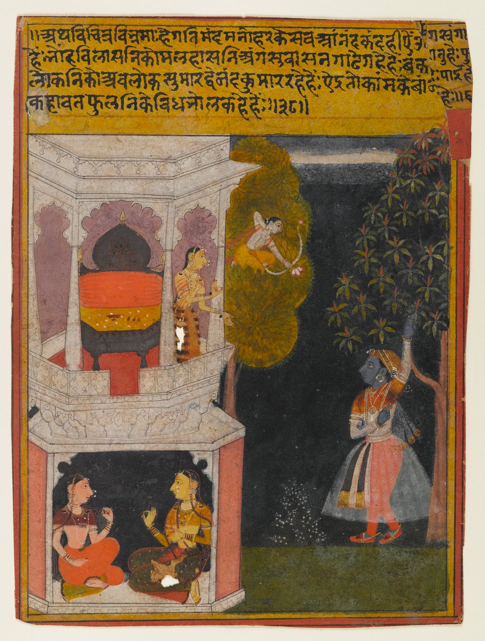 The Bewildered Nayika, Page ze série Rasikapriya, cca 1660-1690 (neprůhledné wc a zlato na papíře) od Indian School