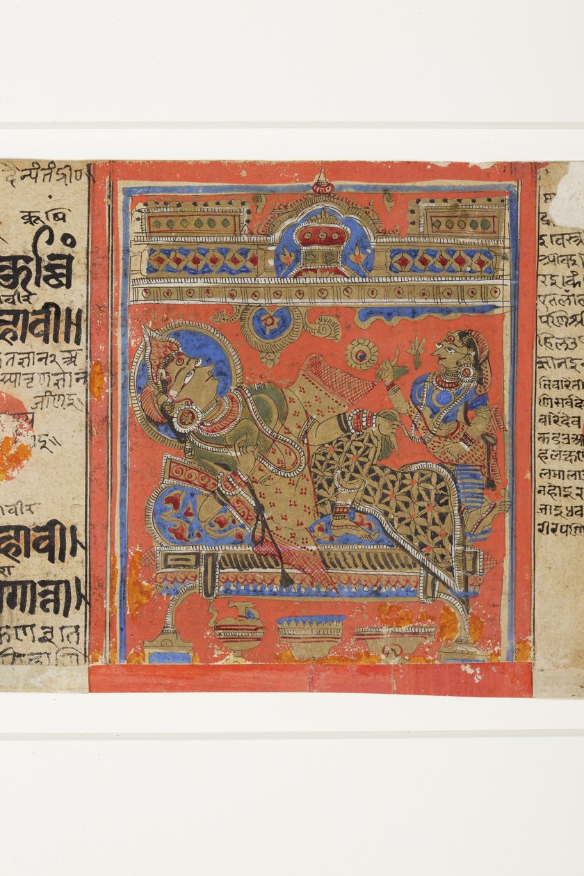 Brahmani Devananda na pohovce, z Kalpasutry (neprůhledné wc na papíře) od Indian School