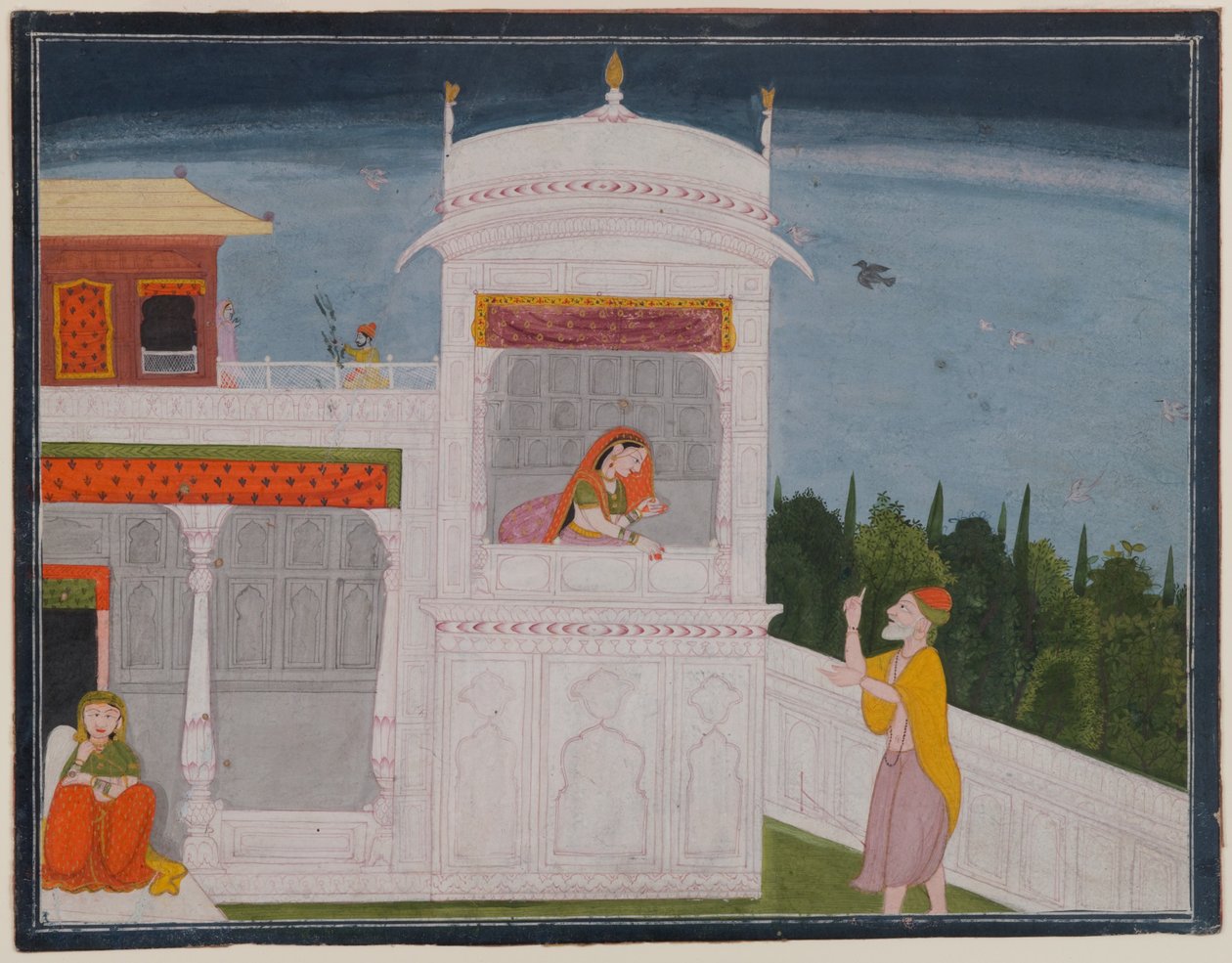 Brahmin Sudama a Rukmini v paláci, stránka z epizody Sudama ze série Bhagavata Purana, kolem roku 1800 nebo později (wc na papíře) od Indian School