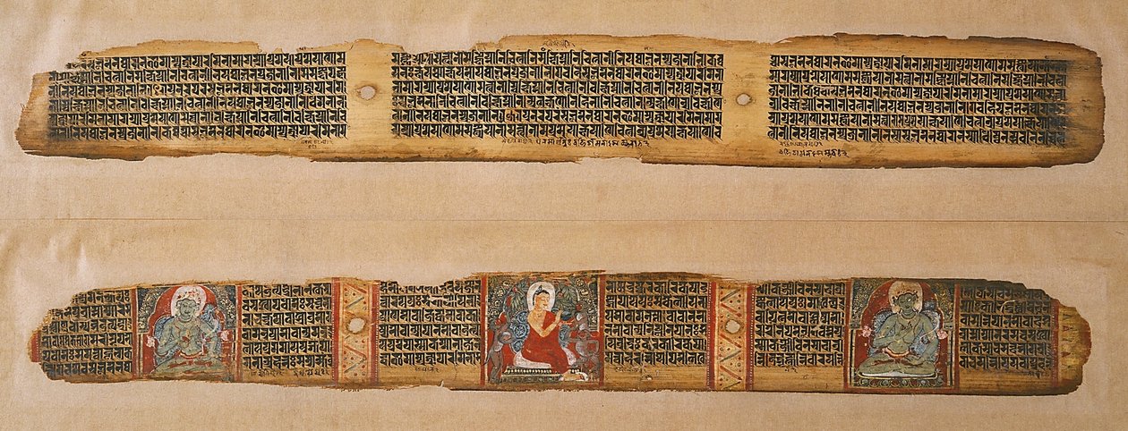 Buddha distribuuje med z rukopisu Prajnaparamita ze Západního Bengálska (neprůhledný akvarel a inkoust na palmovém listu) od Indian School
