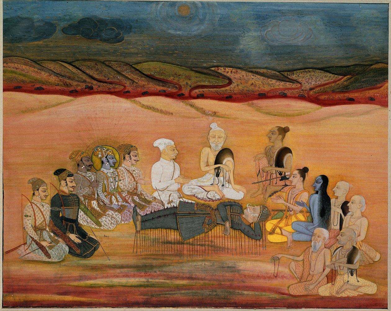 Smrt Bhishmy, smrtelně zraněného Arjunovými četnými šípy, asi 1760-1770 od Indian School