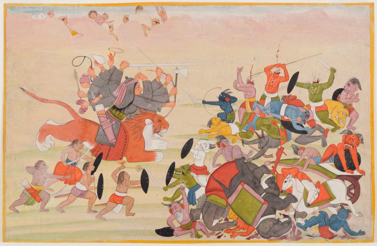 Devi porazí Mahishasuru, folio z rozptýlené série Devi Mahatmya, kolem 1770-80 (wc na papíře) od Indian School
