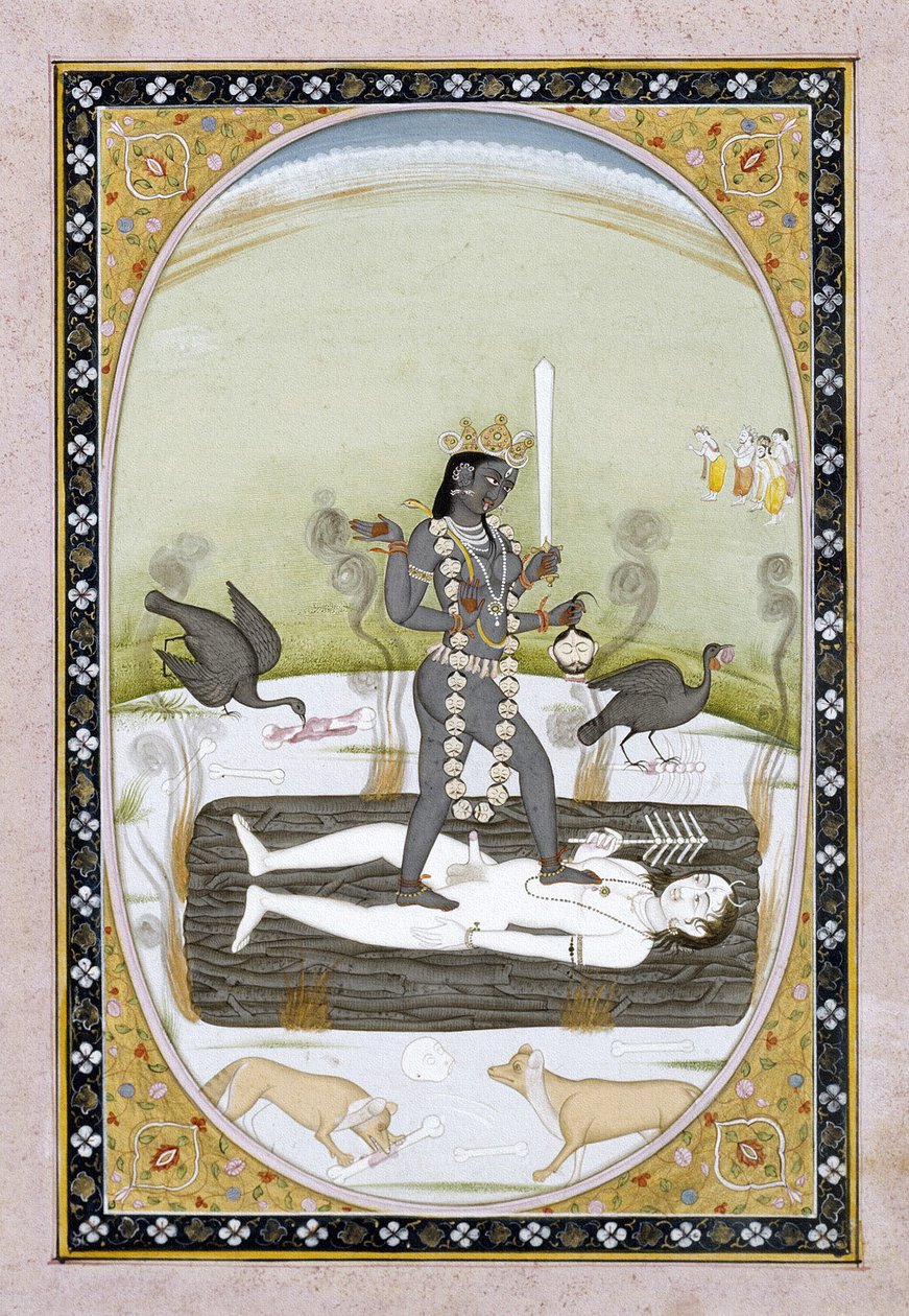Bohyně Kálí znázorněná na malbě Kangra, Himáčalpradéš, cca 1820-5 (neprůhledný akvarel a zlatá barva na papíře) od Indian School