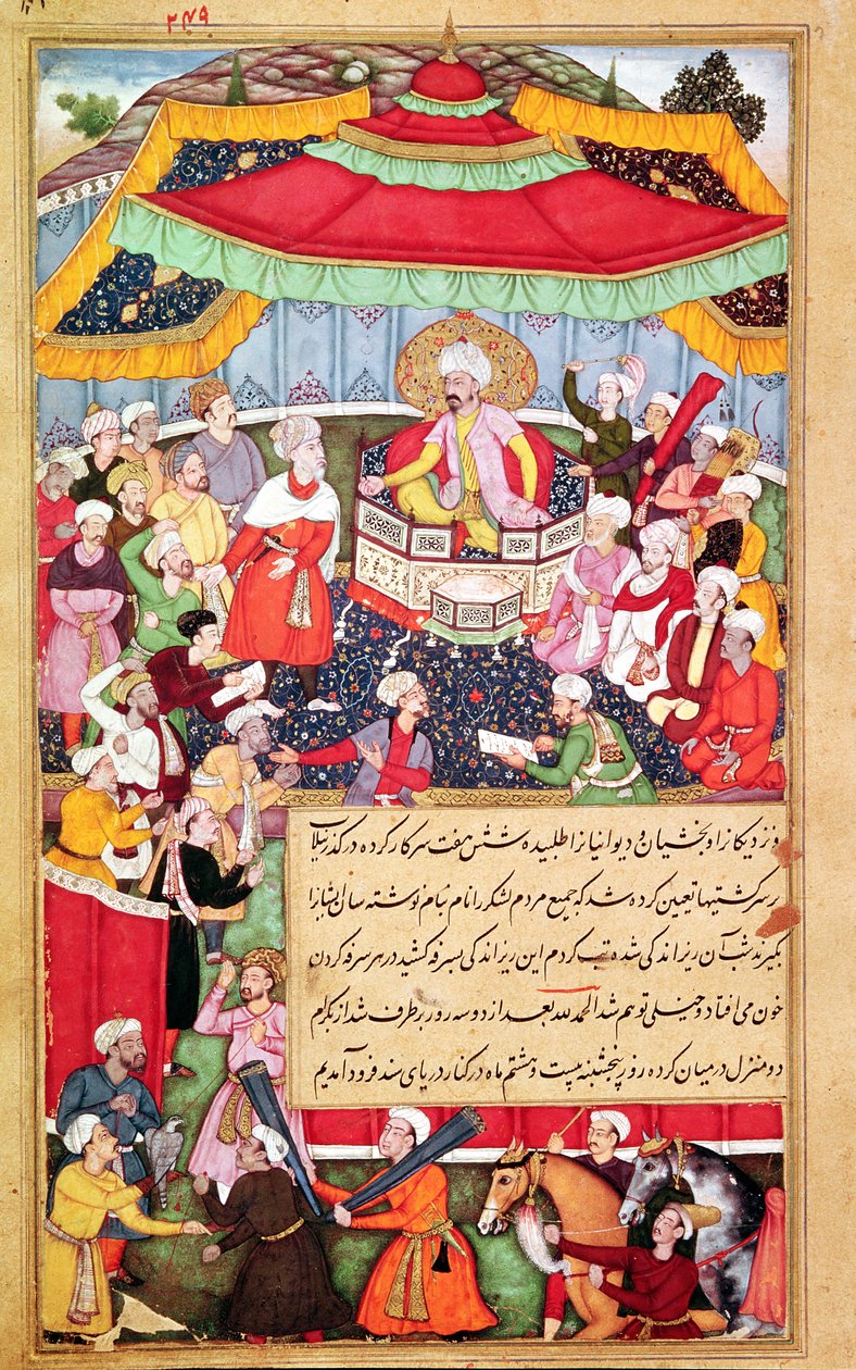 Král na svém trůnu obklopený svými dvořany, z Baburnama (Baburovy paměti) 1530 od Indian School