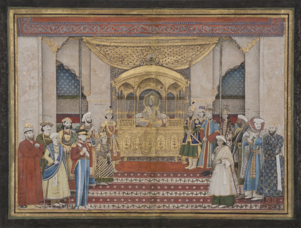 Mughalský císař Bahadur Shah II v Darbaru, 1839 (neprůhledné wc a zlato na papíře) od Indian School