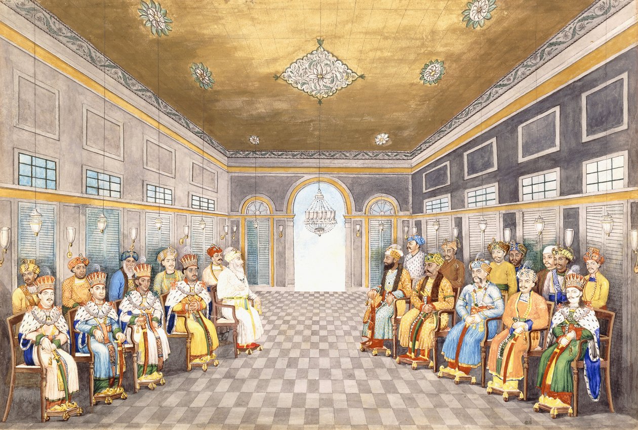 Nawabové a králové z Oudhu v interiéru paláce za účasti jejich služebnictva, kolem roku 1800 od Indian School