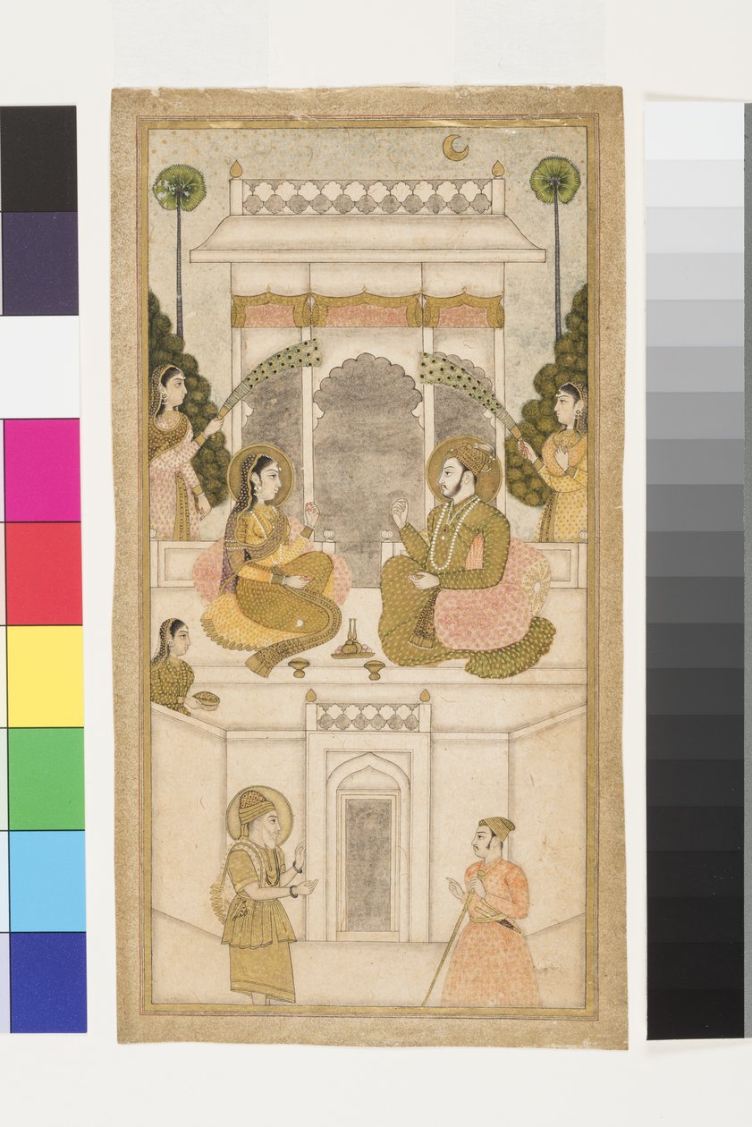 Sultán z Golcondy, Quli Qutb Shah, sedící se svou chotí, 1700-25 (neprůhledné wc a zlato na papíře) od Indian School