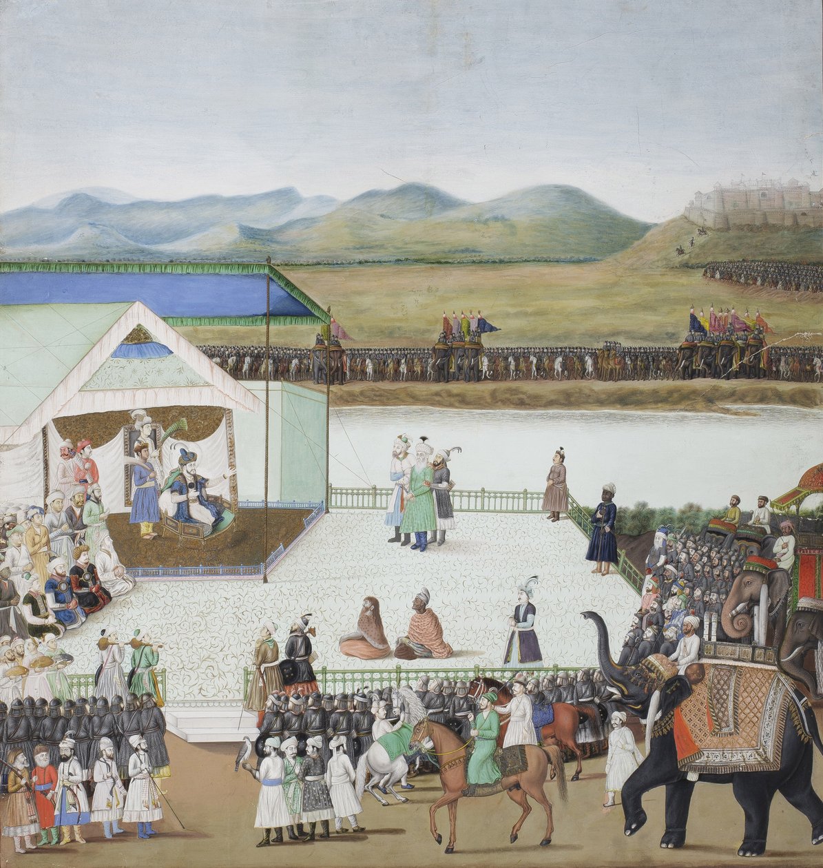 Turecký sultán Bayazid přivedl zajatce před Timura kolem roku 1850 (neprůhledné wc a zlato na papíře) od Indian School