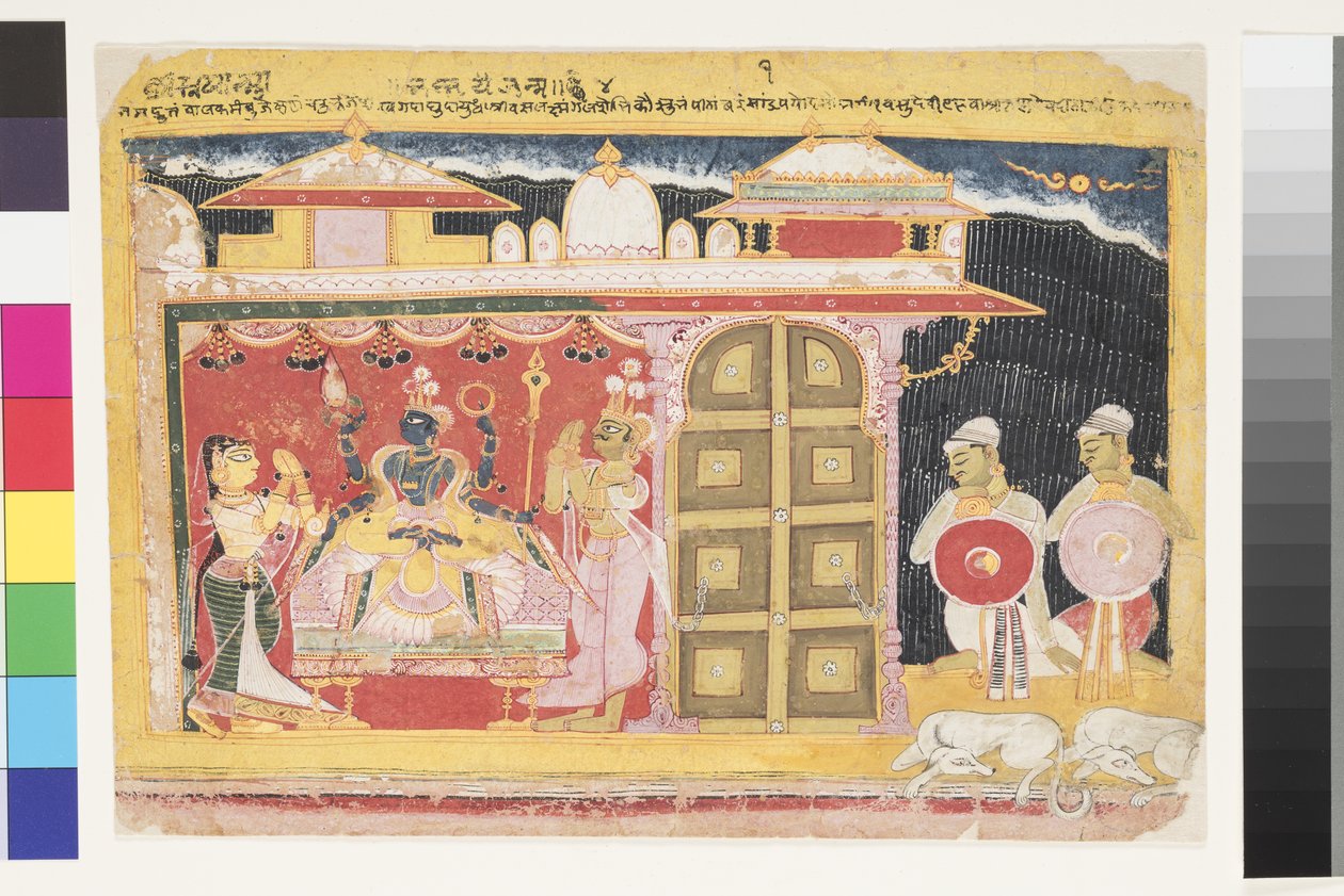 Uctívání Višnua při narození Krišny, před rokem 1560 (neprůhledné wc na papíře) od Indian School