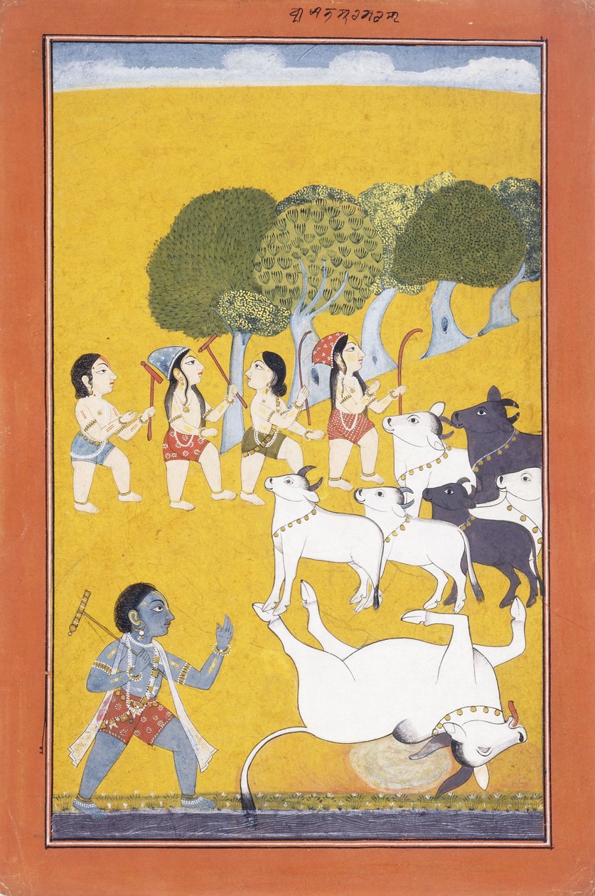 Mladý Krišna zabil démona Vatsasuru, který přišel v masce telete, kolem 1730-1740 od Indian School