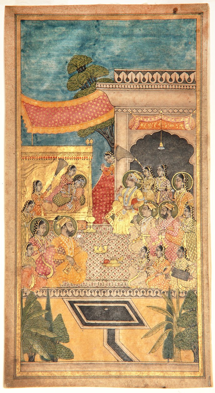 Sňatek Tana Shah v obřadu Jalwa, 1679 (neprůhledné wc a zlato na papíře) od Indian School