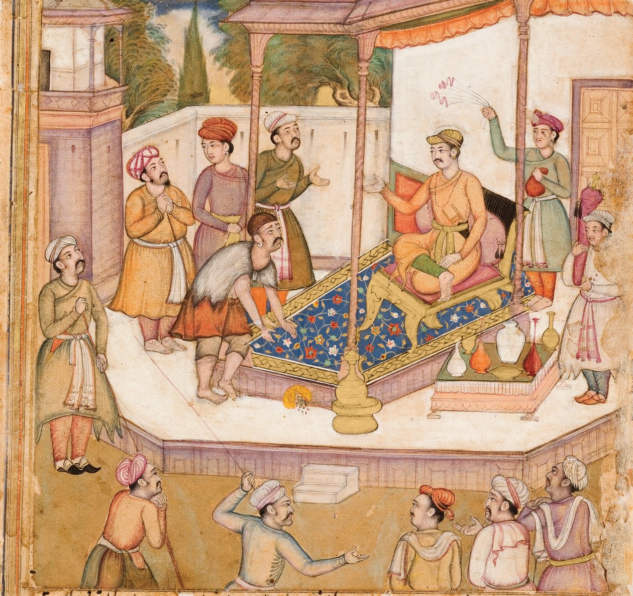 Rádža, jehož host ho požádal o 500 dinárů denně, cca 1585 (neprůhledné wc a zlato na papíře) od Indian School