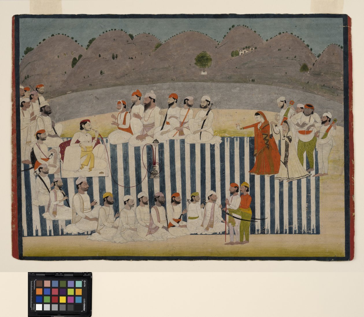 Syn Bahadur Singh sleduje nautch, cca 1800 (neprůhledný akvarel a zlato na papíře) od Indian School