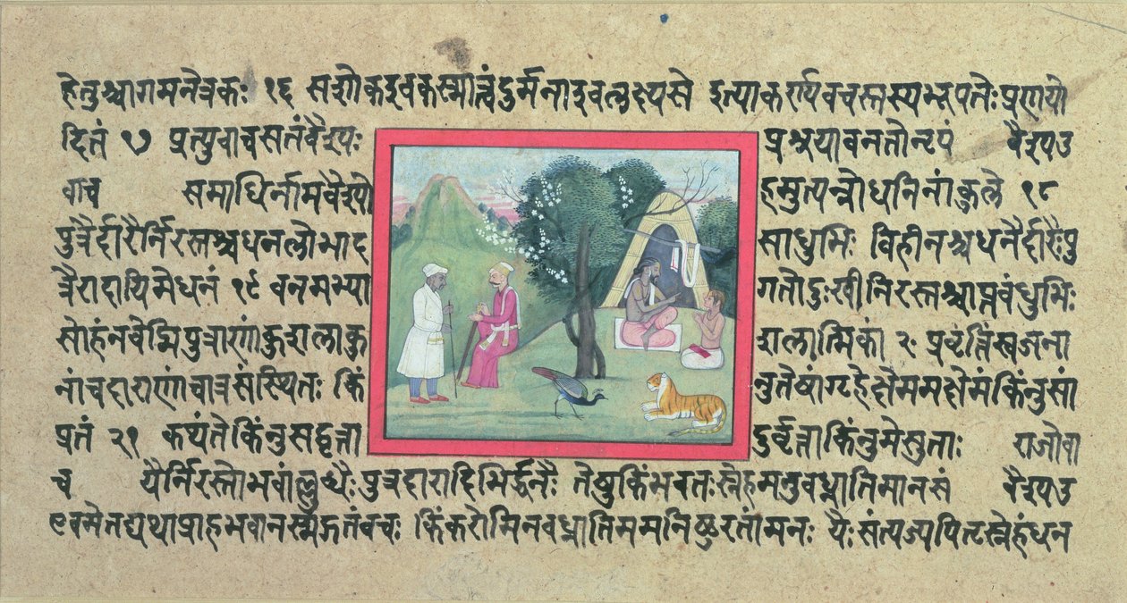 Návštěva náčelníka Rádžputu u poustevníka ze stránky Madhandeya Purana, napsané v sanskrtu, Guler, škola Pahari, kolem roku 1756 od Indian School