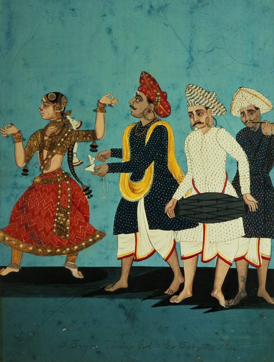 Tři hudebníci a tančící dívka, Tanjore, Tamil Nadu, c.1850 od Indian School